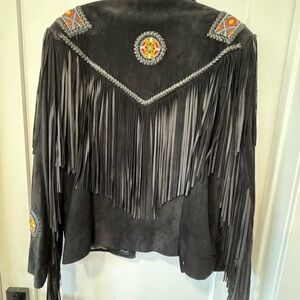 Fringed Black Suede Jacket with Embroidered Accents
